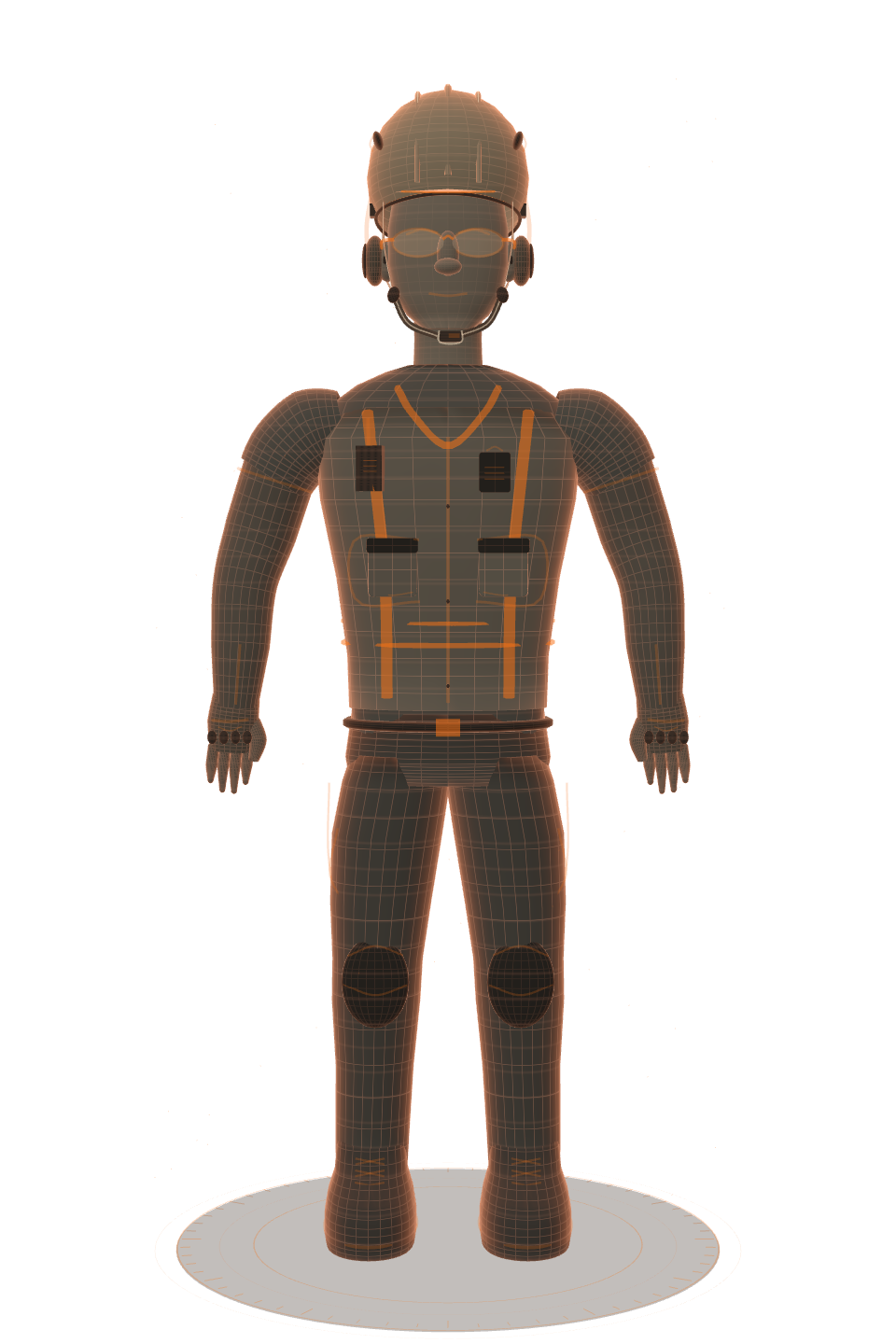 A holographic worker wearing a modern construction safety helmet with a chin strap, a protective vest, gloves and boots